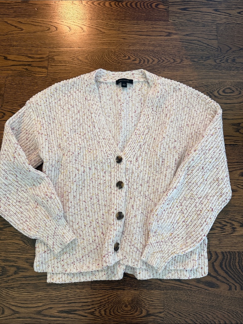 Ann Taylor Speckled Cream V-Neck Chunky Button Cardigan